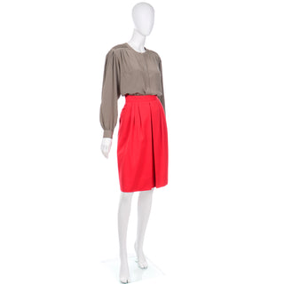 1980s Louis Feraud Red & Taupe Vintage Skirt Jacket and Silk Blouse Suit