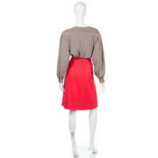 1980s Louis Feraud Red & Taupe Vintage Skirt Jacket & Taupe Silk Blouse Suit