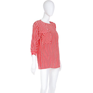 1980s Louis Feraud Red & white Striped Silk 3/4 Sleeve Blouse Top fits S/M
