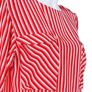 1980s Louis Feraud Red & white Striped Silk 3/4 Sleeve Blouse Top w pockets and buttons