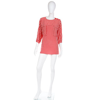 1980s Louis Feraud Red & white Striped Silk 3/4 Sleeve Blouse Top w pockets