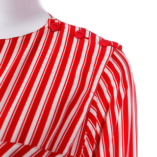 1980s Louis Feraud Red & white Striped Silk 3/4 Sleeve Blouse Top with buttons on shoulder