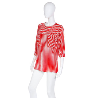 1980s Louis Feraud Red & white Striped Silk 3/4 Sleeve Blouse Top  with front pockets