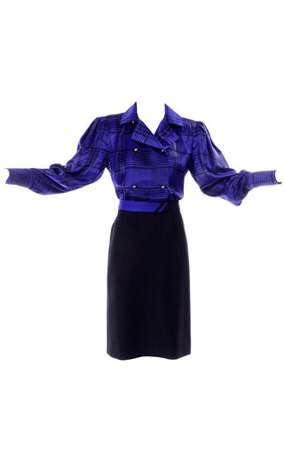 Louis Feraud Vintage Blue Silk Blouse and Black Wool Skirt