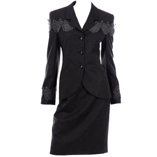 100% Virgin Wool Charcoal Grey Louis Feraud Vintage Skirt Blazer Suit With Lace Applique