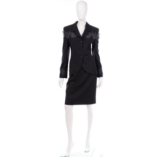 1980s Charcoal Grey Louis Feraud Vintage Skirt Blazer Suit With Lace Applique