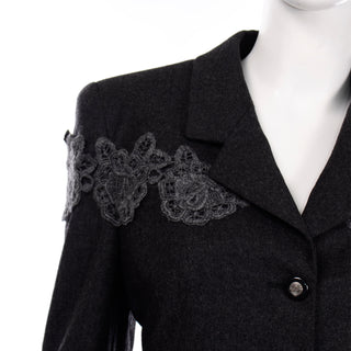 Charcoal Grey Louis Feraud Vintage Skirt Blazer Suit With Lace Applique monogram buttons