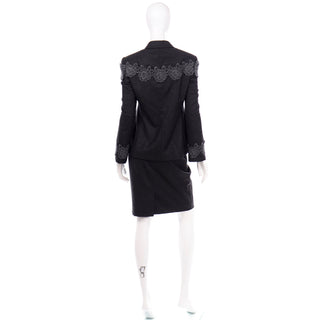 Charcoal Grey Louis Feraud Vintage Skirt Blazer Suit With Lace Applique Virgin Wool