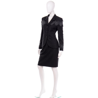Grey Wool Louis Feraud Vintage Skirt Blazer Suit With Lace Applique