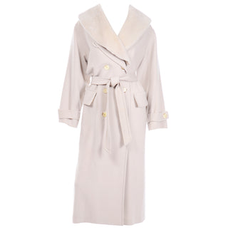 Louis Feraud Vintage Cream Cashmere Blend Trench Coat W Belt and Removable Fur Collar