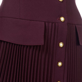 1990s Louis Feraud Plum Wool Drop Waist Dress W Pleated Skirt size 810