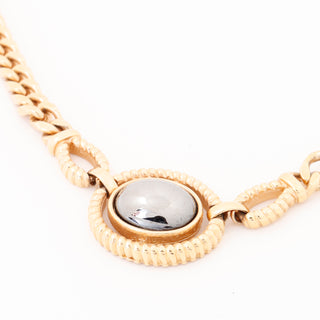 1980s Louis Feraud Vintage Designer Gold Necklace W Black Pearl Cabochon