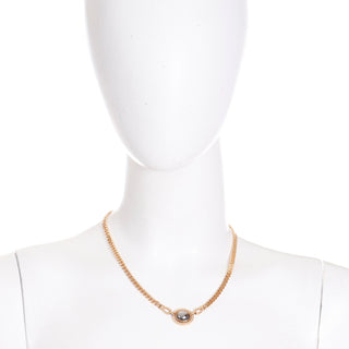 1980s Louis Feraud Vintage Gold Curb Chain Necklace W Black Pearl Cabochon