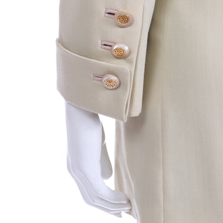 1990s Louis Feraud Neutral Minimalist Long Jacket & Skirt Suit pearlescent buttons