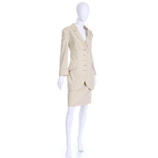 1990s Louis Feraud Neutral Minimalist Long Jacket & Skirt Suit w pockets