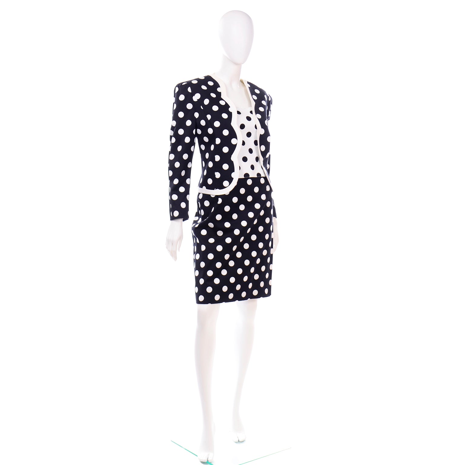 Louis Feraud Vintage Polka Dot Skirt Top & Jacket Suit