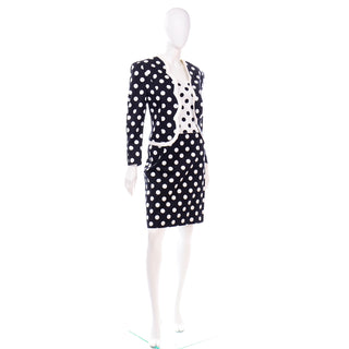 Vintage Louis Feraud Black & White Polka Dot 3 Pc Suit Bustier Skirt & Jacket 100% Cotton