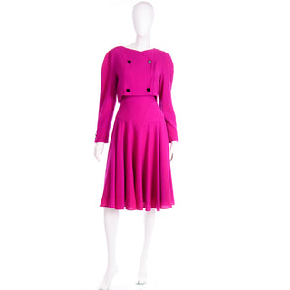 1980s Louis Feraud Vintage Magenta Pink Double Breasted Dress With Full Skirt Hot pink