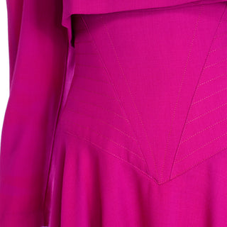 1980s Louis Feraud Vintage Magenta Pink Double Breasted Dress With Full Skirt Seam detail