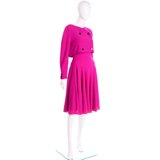 1980s Louis Feraud Vintage Magenta Pink Double Breasted Dress With Full Skirt 80s