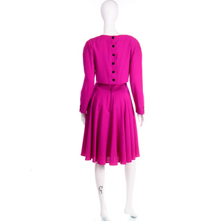 1980s Louis Feraud Vintage Magenta Pink Double Breasted Designer Dress With Full Skirt