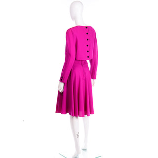 1980s Louis Feraud Vintage Magenta Pink Double Breasted Dress With Full Skirt Long Sleeves