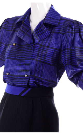 1980s Louis Feraud Vintage Blue Silk Blouse and Black Wool Skirt