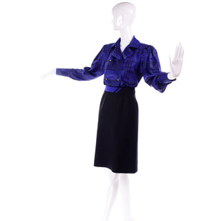 Louis Feraud Vintage Blue Silk Blouse & Black Wool Skirt