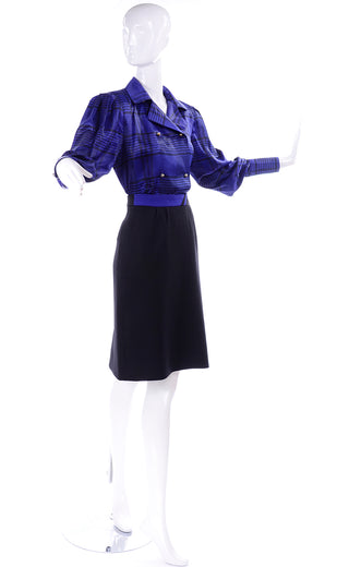 80s Louis Feraud Vintage Blue Silk Blouse w Black Wool Skirt