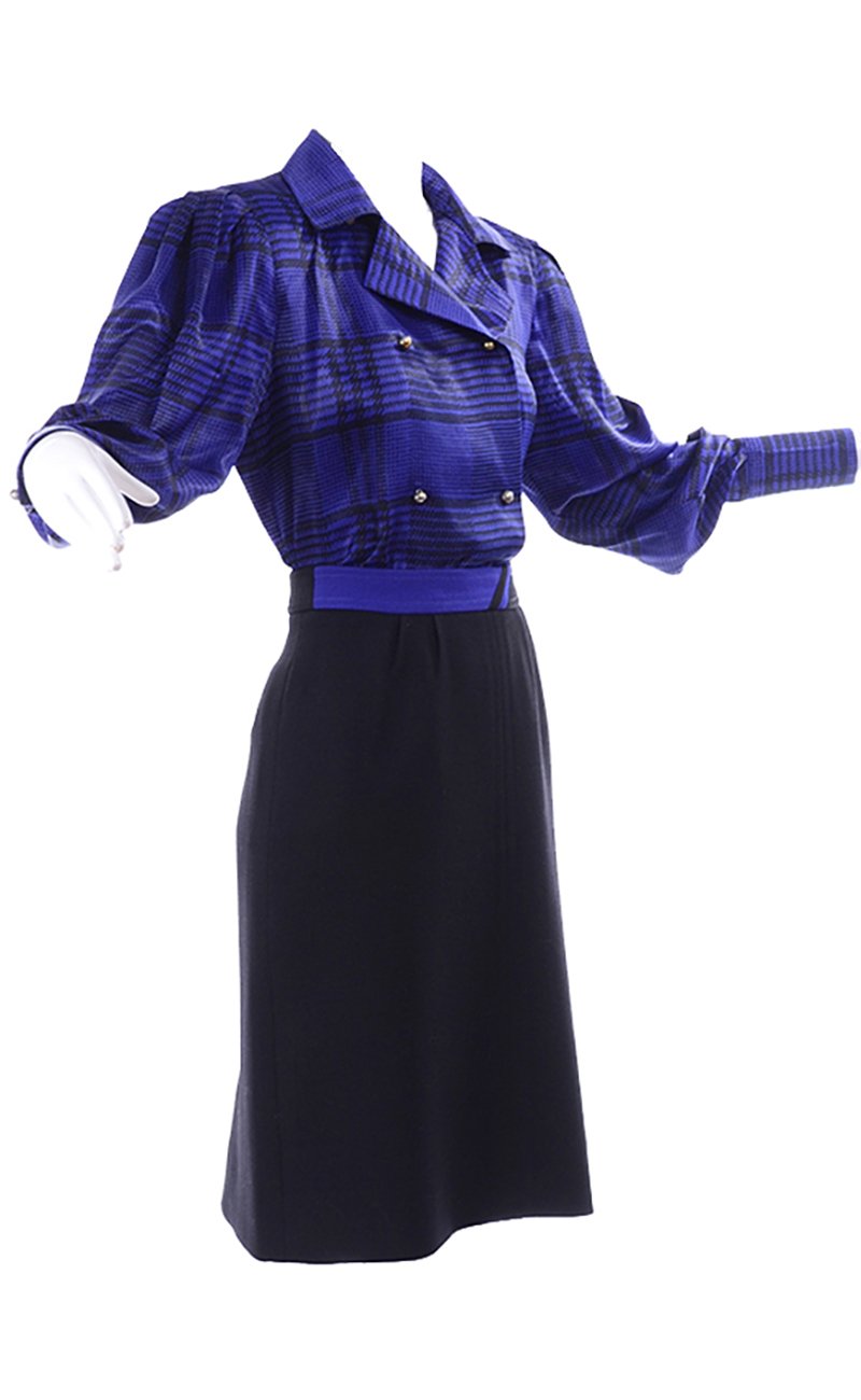 LOUIS FERAUD couture black silk satin evening skirt suit velvet trim size 6