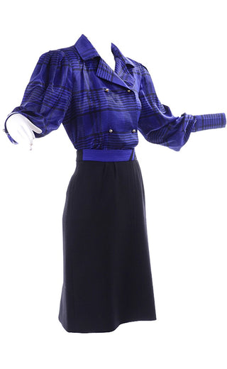 Louis Feraud Vintage Blue Plaid Silk Blouse Top & Skirt