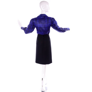 1980s Louis Feraud Vintage Blue Plaid Blouse & Black Wool Skirt
