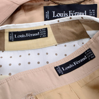 Louis Feraud label for tan suit including blouse, skirt, and matching jacket