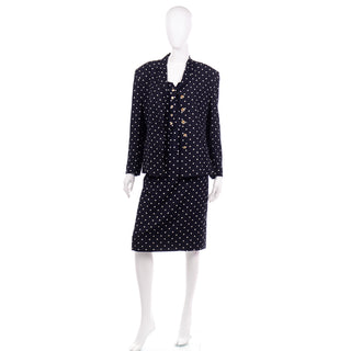 Vintage Louis Feraud Navy Blue & White Polka dot Skirt Top & Jacket Suit 