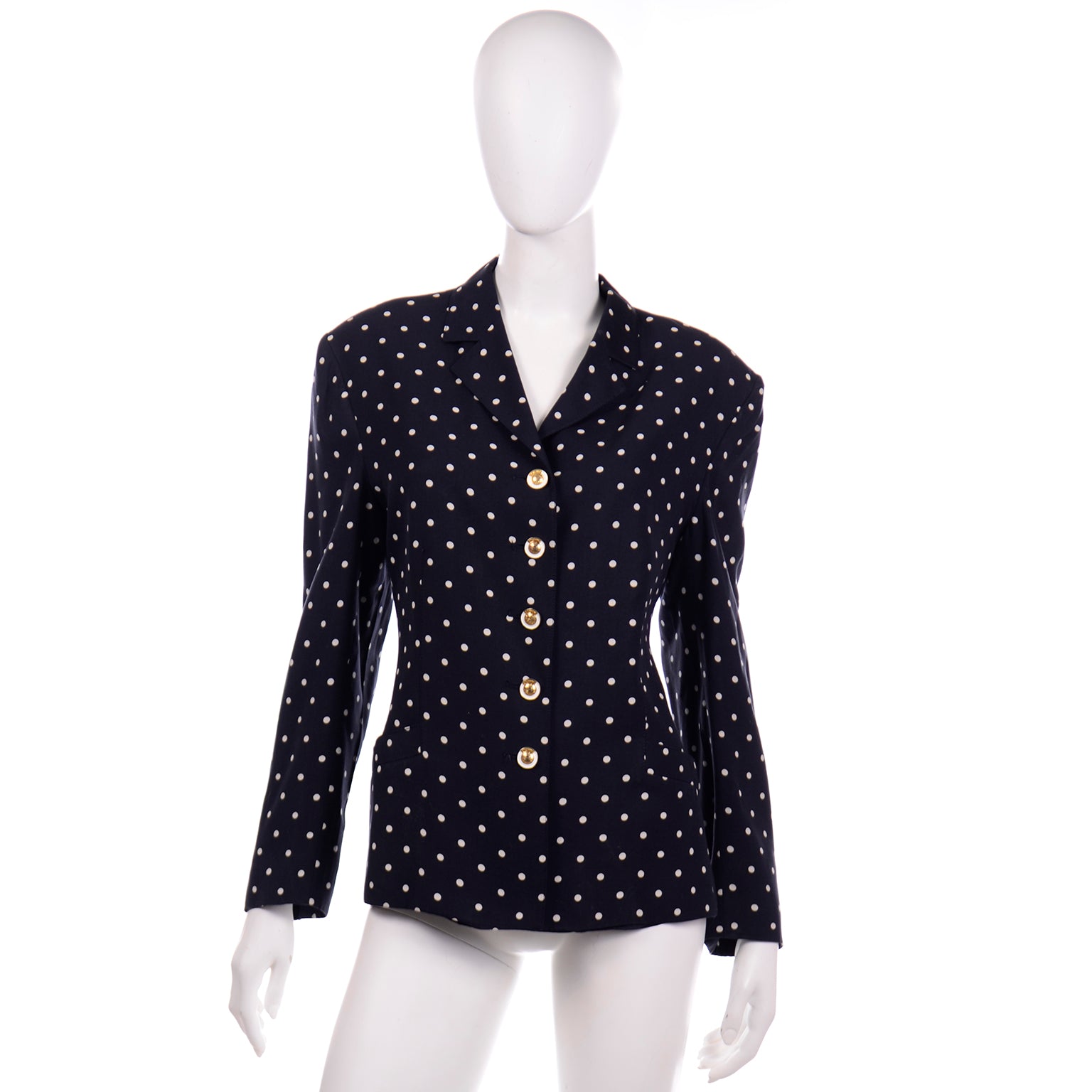 Vintage Louis Feraud Navy Blue & White Polka Dot Skirt Top & Jacket Suit