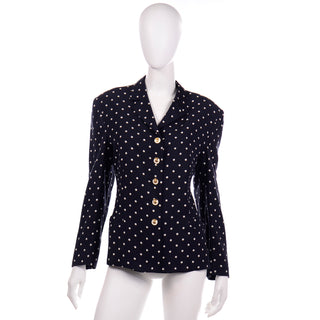 Vintage Louis Feraud Navy Blue & White Skirt Top & Jacket Suit 3 pc dots