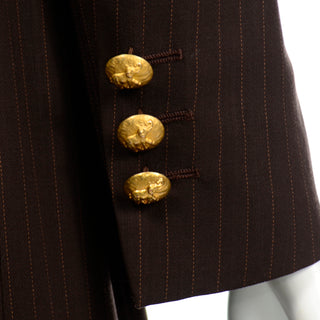 1990s Louis Feraud Brown Pinstripe Vintage Pantsuit w Coat & Trousers