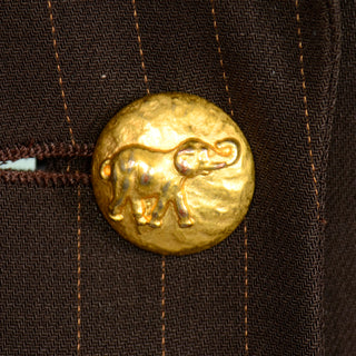 Louis Feraud Brown Pinstripe Vintage Pantsuit w Coat & Trousers w gold elephant buttons