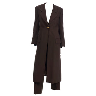 Louis Feraud Brown Pinstripe Vintage Pantsuit w Coat & Trousers 1990s with gold elephant buttons