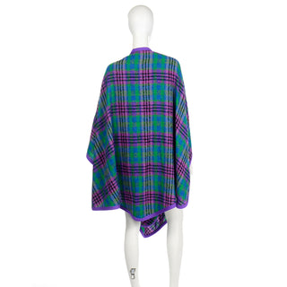 Louis Feraud Vintage Purple and Green Plaid Oversized Wool Wrap Versatile Style