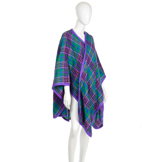 Louis Feraud Vintage Purple and Green Plaid Oversized Wool Wrap One Size Fit