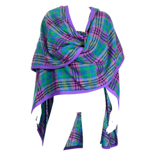 Louis Feraud Vintage Purple and Green Plaid Oversized Wool Wrap Germany