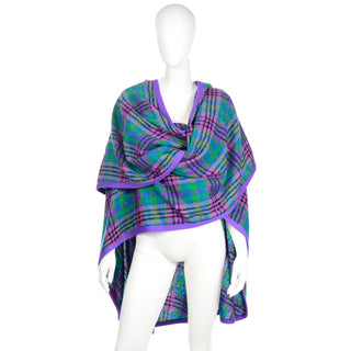 Louis Feraud Vintage Purple and Green Plaid Oversized Wool Wrap  Fits One Size