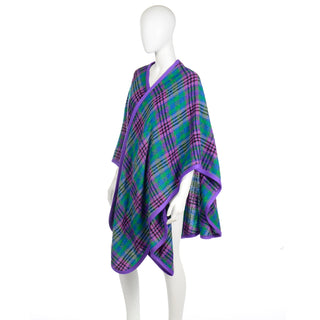 Louis Feraud Vintage Purple and Green Plaid Oversized Wool Wrap  One Size Fits Most