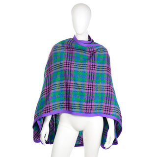 1990s Louis Feraud Vintage Purple and Green Plaid Oversized Wool Wrap