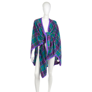 Louis Feraud Vintage Purple and Green Plaid Oversized Wool Wrap One size