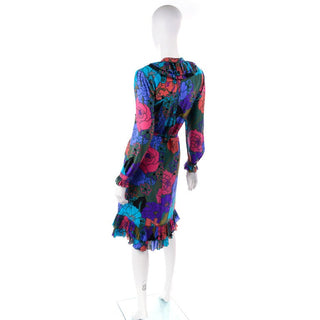 Louis Feraud Bold Floral Purple Silk Shift Dress w/ Pleated Ruffle Collar 10/12