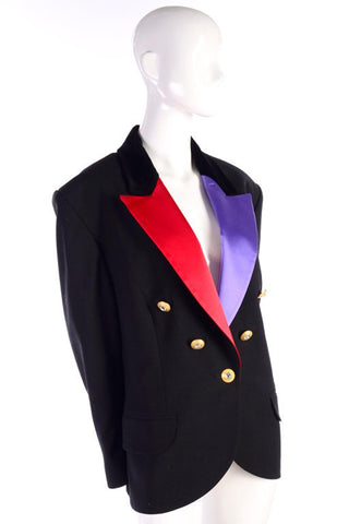 Louis Feraud Tuxedo Jacket Blazer Black W/ Purple & Red Satin Lapels