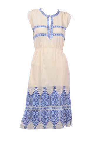 1970s Mamouzaki cream and blue vintage dress