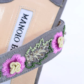 Manolo Blahnik Beaded Floral Slide Sandals w/ Pink Embroidered Flowers 8